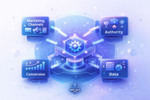 Digital growth system architecture connecting marketing channels, authority, conversion, and data into a unified business growth engine