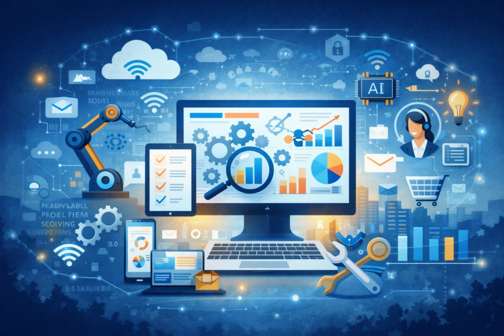 Digital problem solving using smart technologies, data analysis dashboards, automation tools, and AI-driven business solutions”