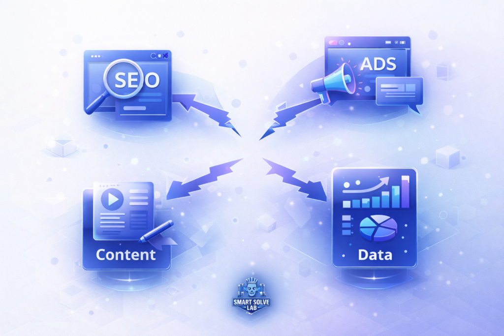Fragmented marketing channels including SEO, ads, content, and data operating without integration in a digital growth system