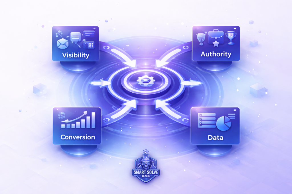 Integrated digital growth system connecting visibility, authority, conversion, and data into a unified compounding growth loop