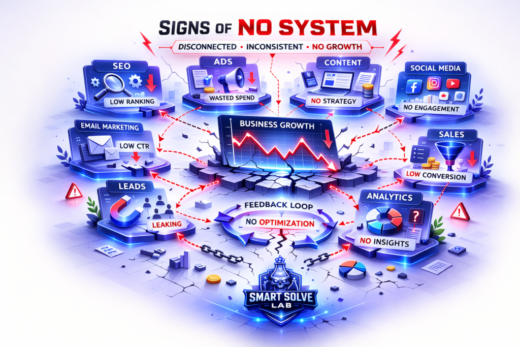 Signs of missing digital growth system showing disconnected marketing channels, low conversion, poor SEO, and lack of optimization affecting business growth