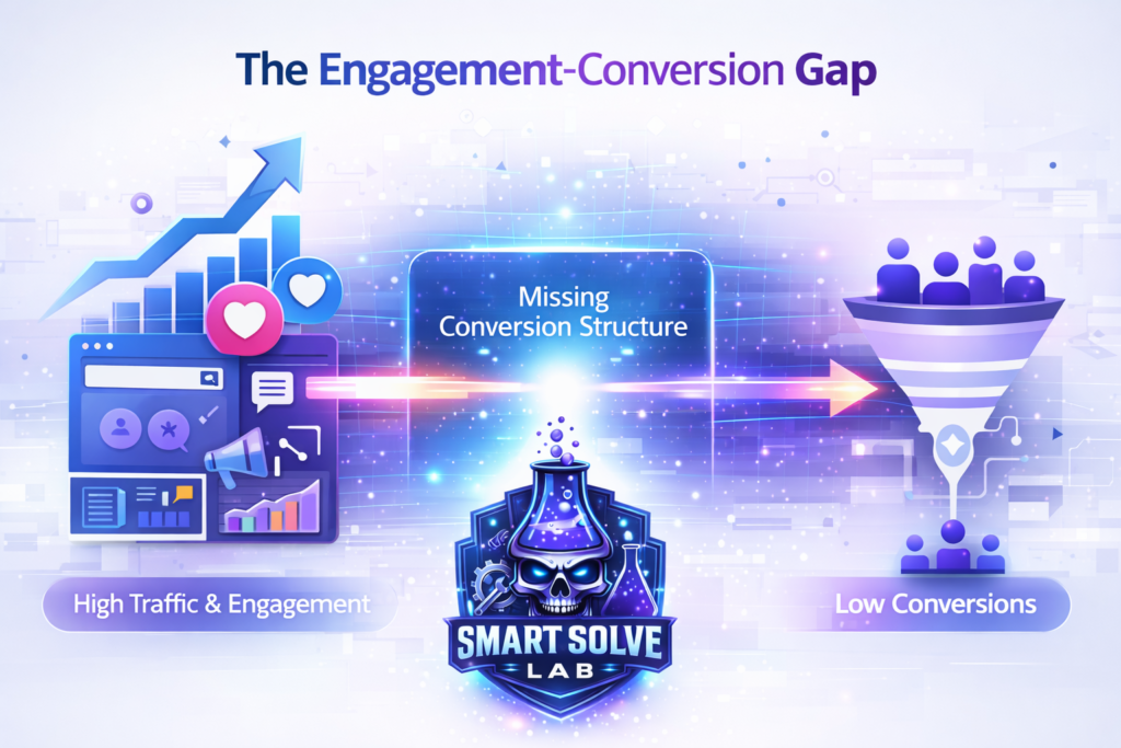 Illustration showing high content engagement but low conversions due to a structural gap in the content system.