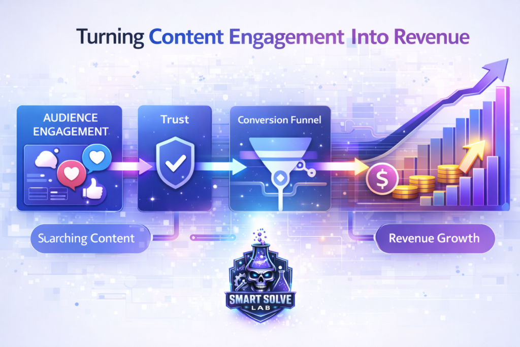Infographic showing how audience engagement can be transformed into revenue through a structured digital growth system.