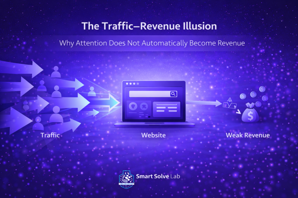Traffic revenue illusion diagram showing how website visitors increase without producing proportional revenue