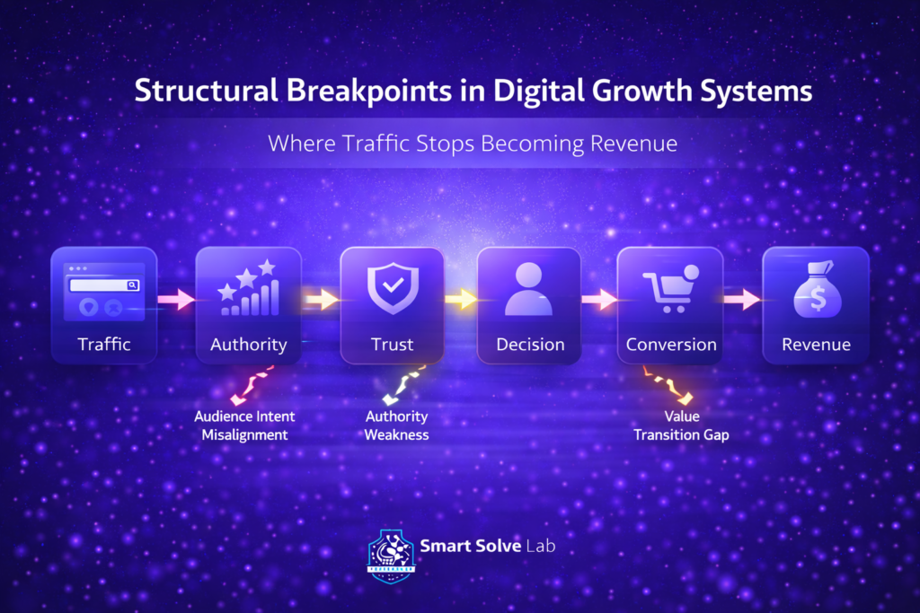 Structural breakpoints diagram showing audience intent misalignment authority gaps and weak value transitions in a digital growth system