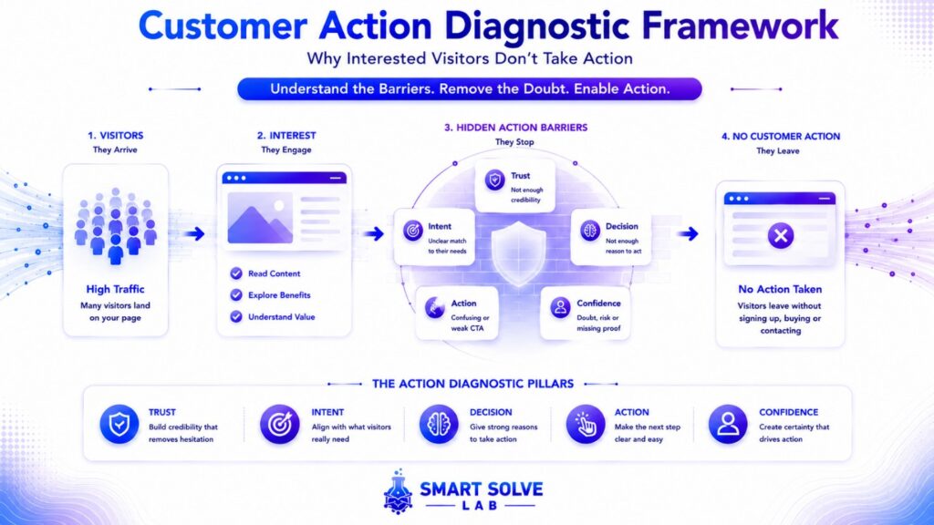 Diagnostic system showing why customers leave without taking action due to hidden conversion barriers