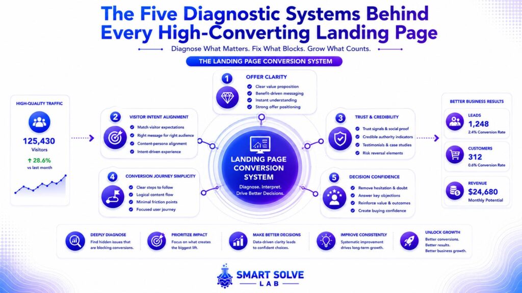 Five Diagnostic Systems Behind High-Converting Landing Pages Framework showing the five diagnostic systems that influence landing page conversion performance.