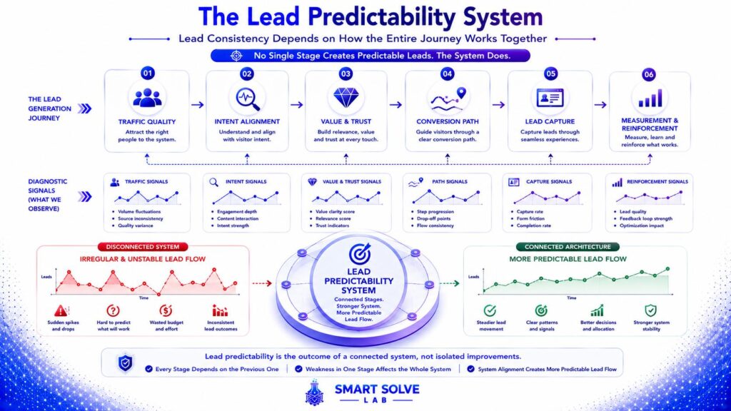Lead predictability system connecting traffic quality, intent, trust, conversion paths, lead capture, and reinforcement.