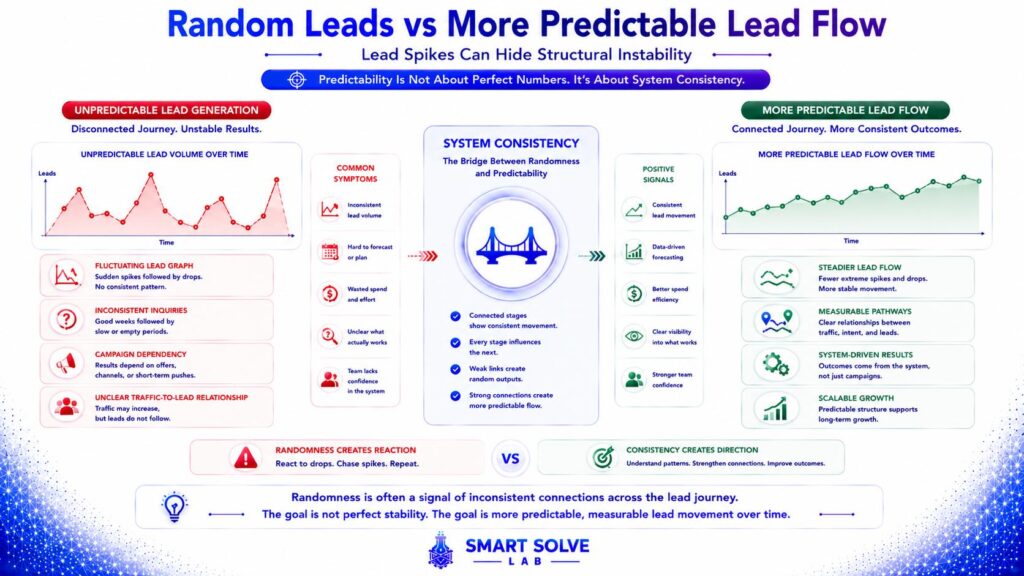 Comparison between random lead spikes and more predictable lead flow created by a connected system.