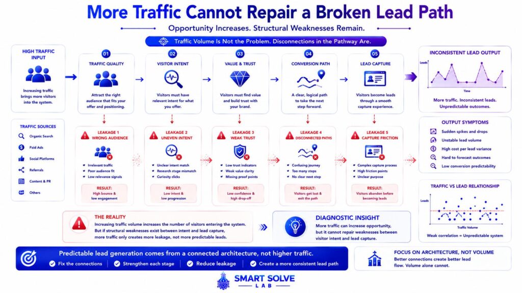 High website traffic flowing through structural weaknesses that cause inconsistent lead generation.