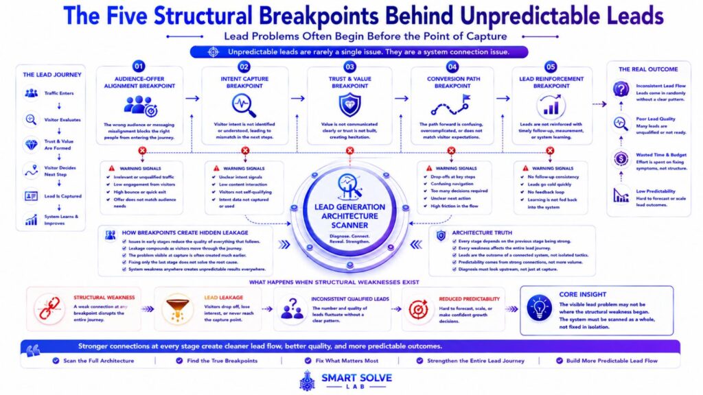 Five structural lead generation breakpoints affecting audience alignment, intent, trust, conversion paths, and reinforcement.