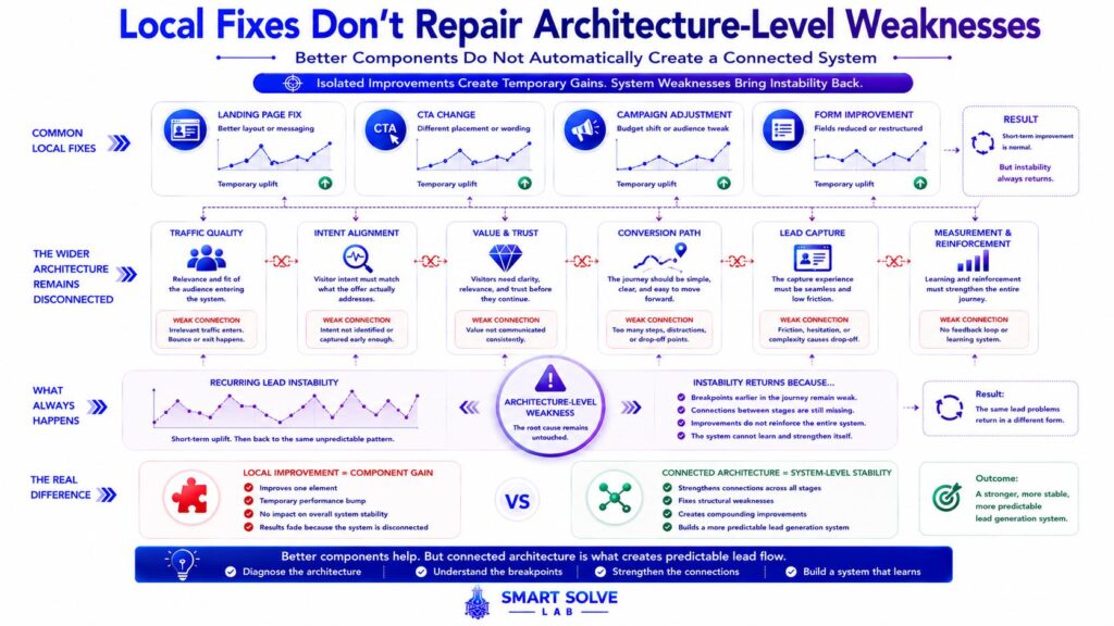 Individual marketing fixes compared with connected lead generation architecture for improving lead consistency.