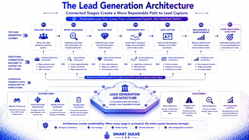 Lead generation architecture connecting qualified traffic, intent, trust, conversion paths, lead capture, and reinforcement.