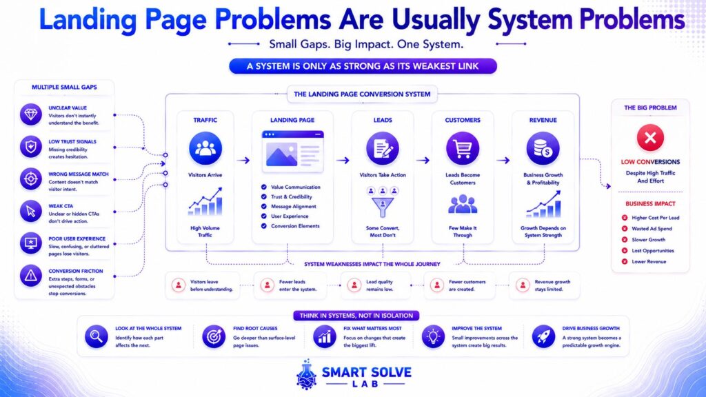 Traffic Does Not Guarantee High Conversions Diagram explaining why increasing website traffic does not automatically improve landing page conversions.