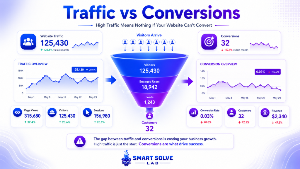 Traffic vs Conversions β The Real Gap Traffic vs conversions comparison showing high visitors but only a small percentage converting.