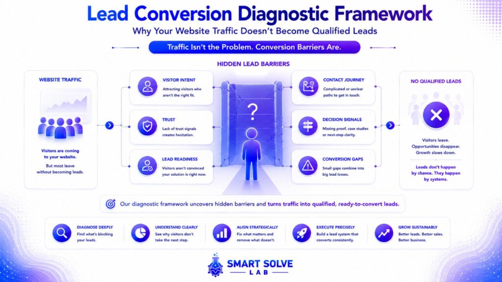 Lead conversion diagnostic framework showing why website traffic does not become qualified leads