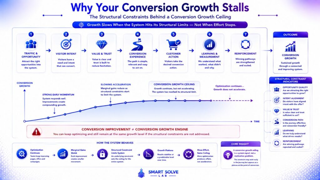 Why conversion growth stalls when optimization reaches a system limit