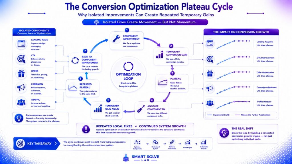 Conversion optimization cycle showing repeated temporary gains and plateaus