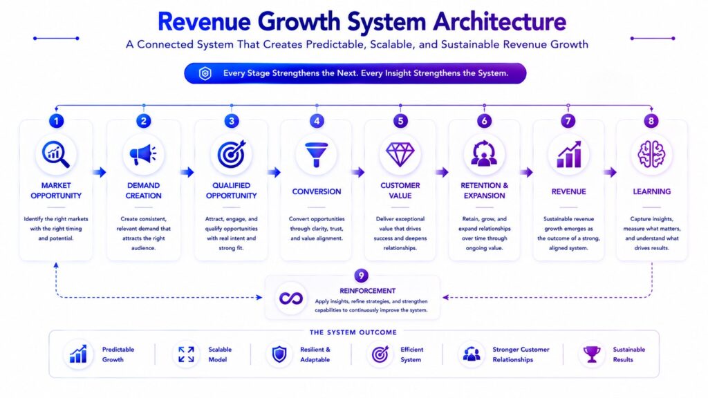 Revenue growth system architecture from opportunity to reinforcement