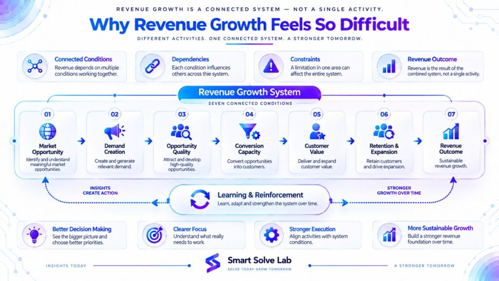 Revenue growth system showing market opportunity, demand creation, opportunity quality, conversion capacity, customer value, retention and expansion, and learning and reinforcement