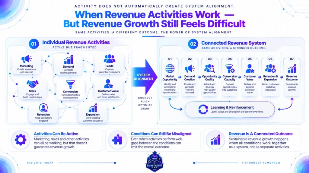 Connected revenue system showing how marketing, demand, leads, sales, conversion, customer value, retention, and expansion work together