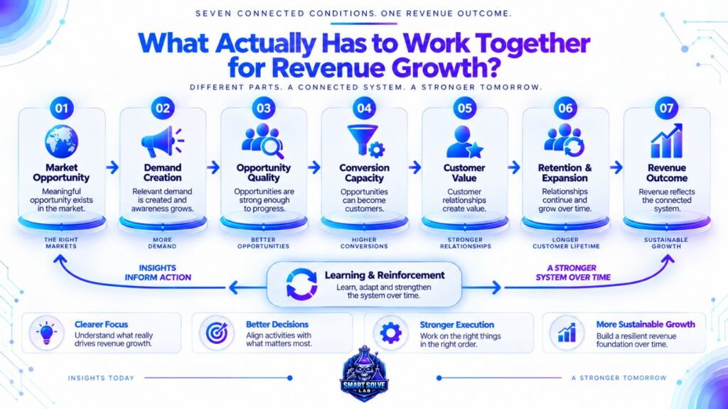 Seven connected conditions of revenue growth from market opportunity and demand creation to conversion, customer value, retention and revenue outcome