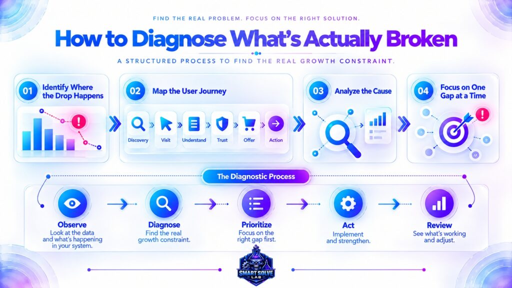 Four-step digital growth diagnostic process for identifying and prioritizing problems