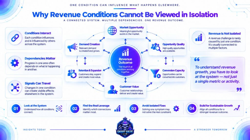 Interconnected revenue growth conditions showing how market opportunity, demand, opportunity quality, conversion, customer value, and retention influence revenue