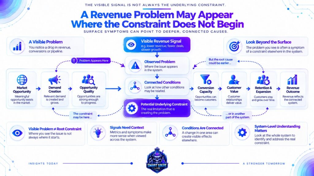 Revenue diagnostic framework showing how a visible revenue problem can differ from the underlying constraint within the connected growth system