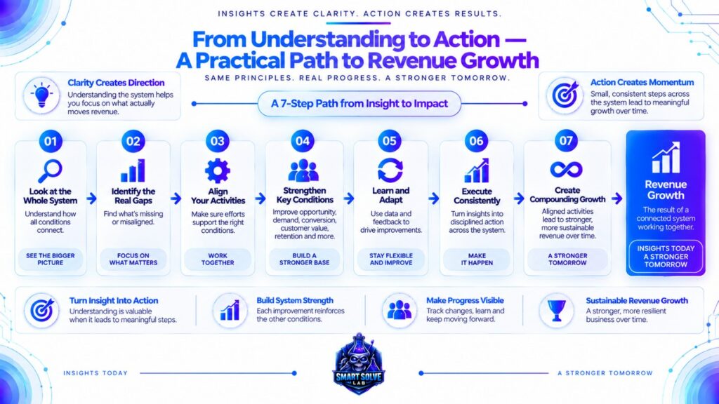 Revenue growth system showing why traffic, leads, customers, conversion rate, acquisition, and retention metrics cannot explain the whole revenue system individually