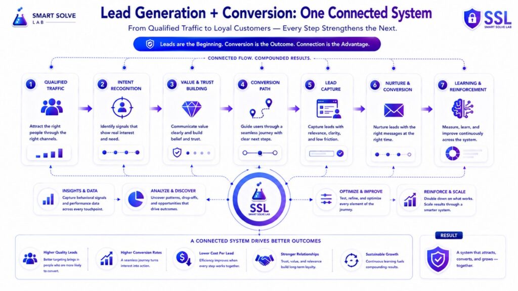 Connected lead generation and conversion system from qualified traffic to learning