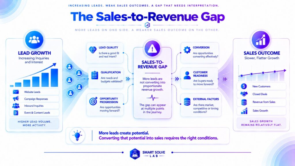 Sales-to-revenue gap between increasing leads and weak sales outcomes