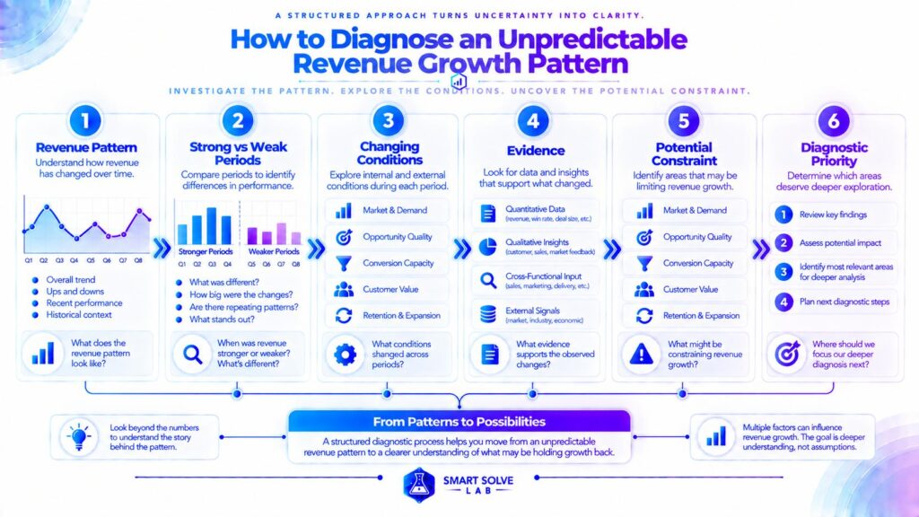 Diagnostic process for identifying patterns and potential constraints in unpredictable revenue growth