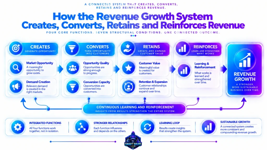 Revenue growth system that creates converts retains and reinforces growth